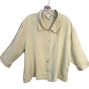 VTG Nomadic Traders Womens L Green Linen Button Up Shirt 3/4 Sleeve Pockets Top